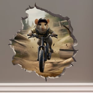 Mountain Biking Mouse in Mouse Hole Decal - Mouse Hole 3D Wall Sticker