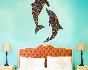 Dolphin Duo Wall Decal Set - Colorful Floral Wall Graphic