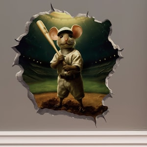 Baseball Mouse in Mouse Hole Decal - Mouse Hole 3D Wall Sticker