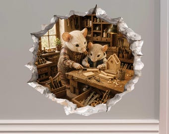 Grandpa and Grandson Woodworking Mouse Hole Decal - 3D Effect, Surface Safe & Removable - Made in USA by Wallington Mice