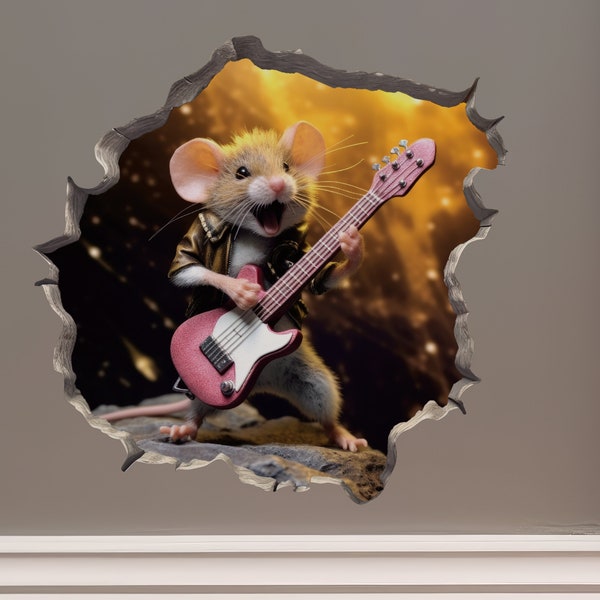 Rock and Roll Mouse in Mouse Hole Decal - Mouse Hole 3D Wall Sticker