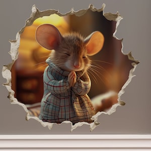 May include: A brown and white mouse wearing a plaid shirt is peeking through a hole in a wall. The mouse is looking down and has its paws together as if praying.
