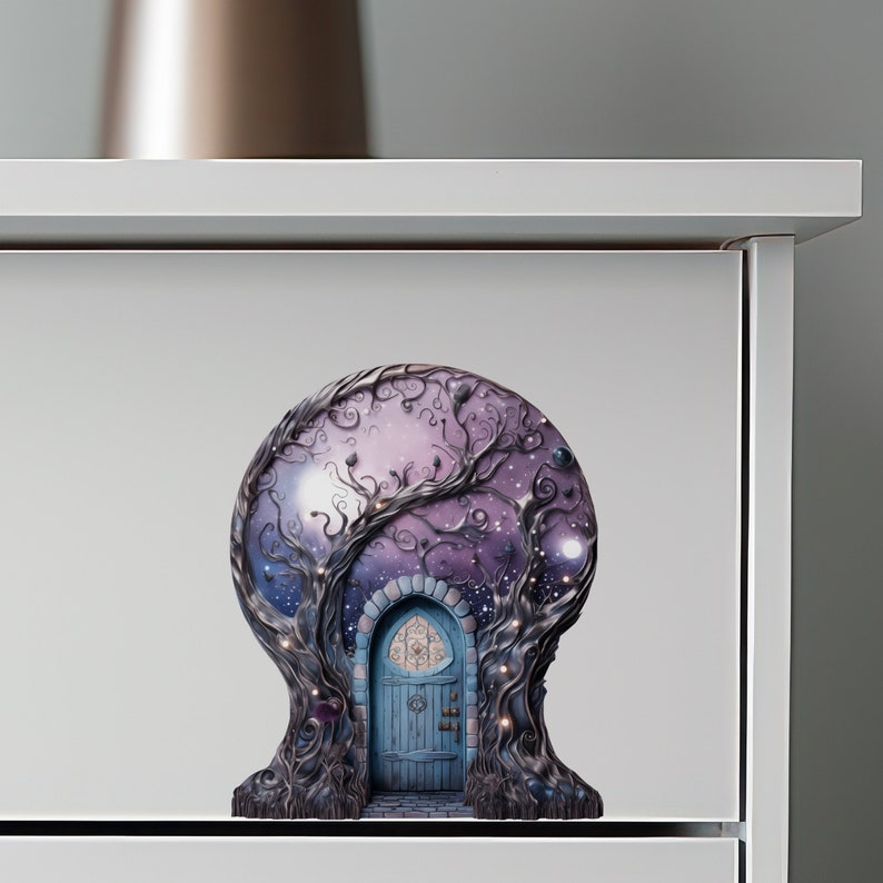 Starry Nebula Sky with Tree House Moon Decor Fairy Door 3D Wall Sticker image 7