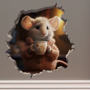 Coffee Lover Mouse in Mouse Hole Decal - Mouse Hole 3D Wall Sticker