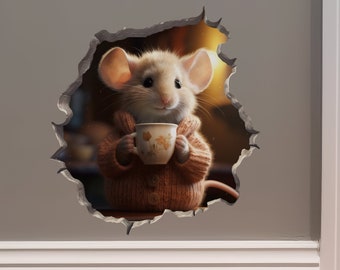 Coffee Lover Mouse in Mouse Hole Decal - Mouse Hole 3D Wall Sticker