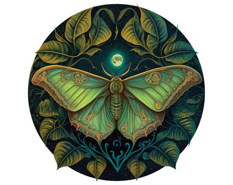 May include: A detailed illustration of a green moth with intricate wing patterns, set against a dark blue night sky with a full moon. The moth is surrounded by stylized leaves and foliage, creating a circular design.