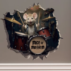 Drummer Mouse in Mouse Hole Decal - Mouse Hole 3D Wall Sticker