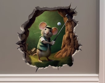 Golfing Mouse in Mouse Hole Decal - Mouse Hole 3D Wall Sticker