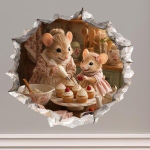 May include: A whimsical illustration depicts two mice in a kitchen setting. One mouse is piping frosting onto cupcakes, while the other adds a strawberry. The scene is framed by a torn wall, creating a unique visual effect. The cupcakes are on a white cake stand.