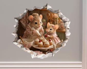 Granddaughter and Grandma Baking Day Mouse Hole Decal - 3D Effect, Surface Safe & Removable - Made in USA by Wallington Mice