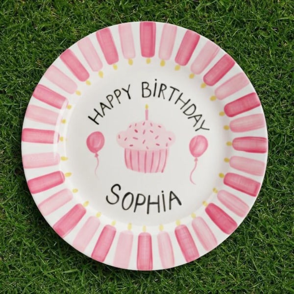 Personalized Happy Birthday Plate – Handcrafted Hand Painted Ceramic Gift – Personalized Kids Keepsake Plate- BCP55