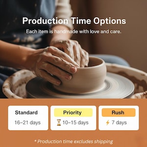 May include: A potter's hands shaping clay on a spinning wheel. The image includes text: "Production Time Options" with options for standard, priority, and rush production times. Each item is handmade with love and care.