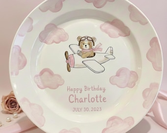 Personalized Ceramic Birthday Plate for Girl | Pink Pilot Bear Airplane Keepsake Gift | Custom Name & Date Plate- BCP95
