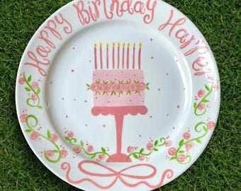 Hand Painted Birthday Plate – Pink Cake Ceramic Plate with Roses & Candles – Personalized Gift for Girls Birthday- BCP10