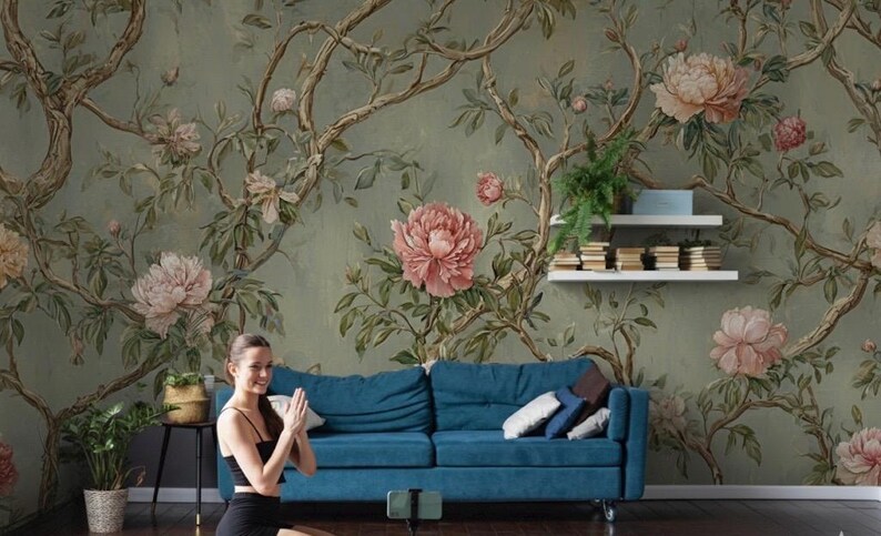 Chinoiserie Peony Wallpaper Mural: Vintage Botanical Greenery - Etsy