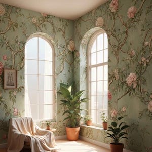 Papier peint chinois pivoine : verdure botanique vintage