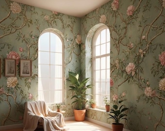 Chinoiserie Peony Wallpaper Mural: Vintage Botanical Greenery