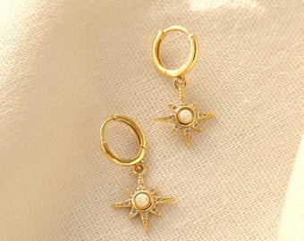 Opal Starburst Earrings • 925 Sterling Silver Huggie Hoops • Celestial Gold Dainty Star Charms • 10th Anniversary Gift for Her • Hypoallerge