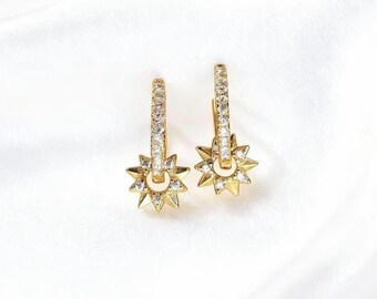Sunburst CZ Huggie Earrings, 925 Sterling Silver Small Hoops, Earrings for Second Piercing