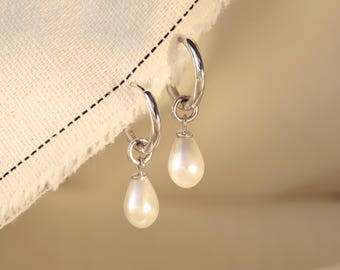 Freshwater Pearl Teardrop Huggie Hoop Earrings, 925 Sterling Silver