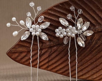 Set of 3 Silver Pearl and Crystal Bridal Hair Pins • Wedding  display picture 1
