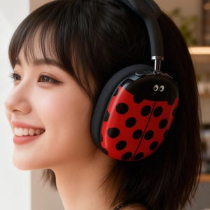 May include: Black headphones with a red ladybug design on the earcups. The headphones have black ear pads and a black headband. The ladybug design features black spots on a red background. The headphones are worn by a person.