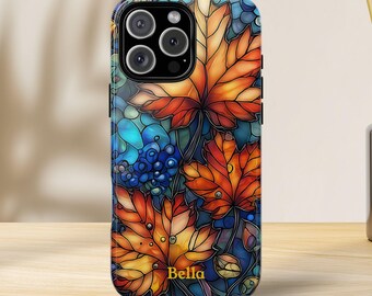 Personalized Stained Glass Autumn Leaves Phone Case - Tough Phone Cover, iPhone 17 compatible