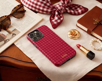 Personalized Pink Gingham Pattern Phone Case | Custom Name Preppy Checkered iPhone Cover