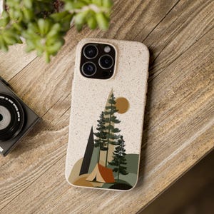 Minimalist Camping Biodegradable Phone Case - Eco-Friendly Pine Trees & Tent Design