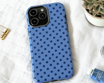 ブルーの水玉模様のiPhoneケース｜レトロネイビーのドット柄カバー｜彼女へのバレンタインギフト