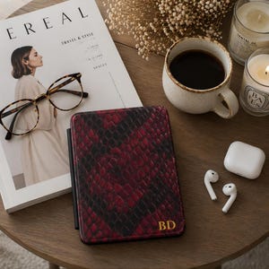 Red Snake Skin Monogram Kindle Case | Python Texture Faux Leather eReader Cover