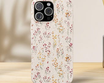 Klein biologisch afbreekbaar telefoonhoesje met wilde bloemenpatroon | Milieuvriendelijke iPhone-hoes met bloemen