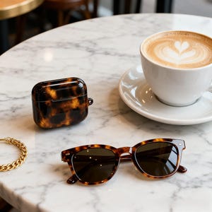 Może przedstawiać: Etui na AirPods w wzór szylkretu, okulary przeciwsłoneczne, złota bransoletka i filiżanka kawy z latte art na marmurowym stole. Okulary przeciwsłoneczne mają ciemne soczewki i brązową oprawkę.