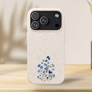 Minimalist Biodegradable Blue Wildflowers Phone Case | Eco Friendly iPhone 17 Cover | MagSafe Compatible