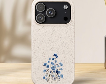 Funda minimalista biodegradable con estampado de flores silvestres azules / Funda ecológica para iPhone 17 / Compatible con MagSafe