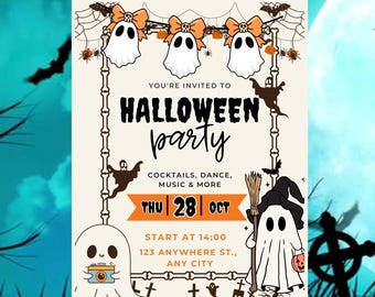 Spooky Ghost Halloween Party Invitation: Editable Canva Template (Digital Download) + Bonus