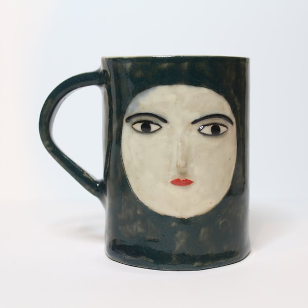 SALE Handmade Ceramic Green and White Mug with sculpted face