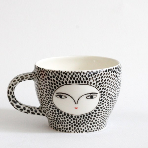 Cappuccino Polka dot Cup with face - Black and white - one of a kind