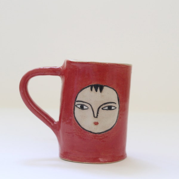 One of a kind Handmade Double Espresso Ceramic Red and White Face Cup