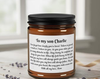 Personalized Soy Scented Candle, Mom To Son Gift, Inspirational Quote, Amber Jar