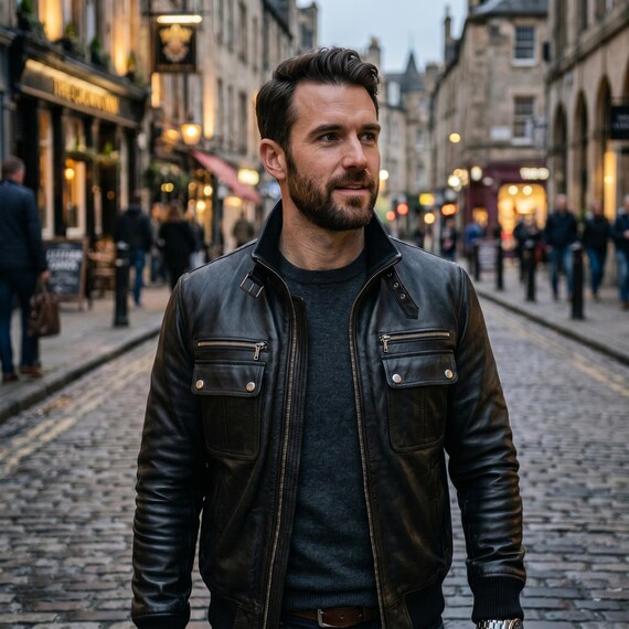 Men's Genuine Sheepskin Leather Bomber Jacket: Buckle Collar, Multi-Pocket, Ribbed Trim