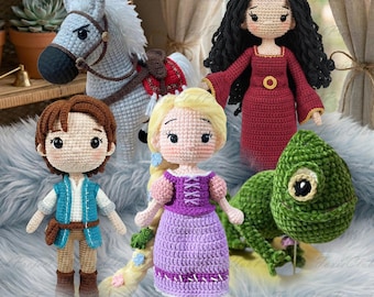 Rapunzel Charaktere handgemachte Häkelpuppe, Märchen Amigurumi, verlorene Prinzessin Kolektible Puppe, Flyn Pascal Mutter Gothel Maximus Rapunzel