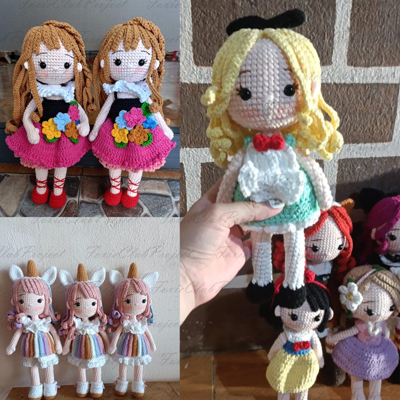 May include: A collection of handmade crochet dolls. The dolls feature various designs, including characters with long brown hair, pink dresses, and red shoes. Other dolls have blonde hair, and unicorn horns. The dolls are colorful and detailed.