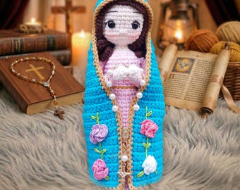 Häkeln Jungfrau Maria Puppe, gesegnete Mutter Maria Amigurimi, weiche Statue der Maria gefüllte Puppe, religiöse Taufe Dekor, Gebet katholische Geschenke