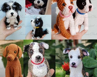 May include: A collection of handmade crochet dog figurines in various breeds and colors. The dogs are crafted with detailed features, including different fur patterns, collars, and facial expressions. Some dogs have the name "Chloe" on their collar.