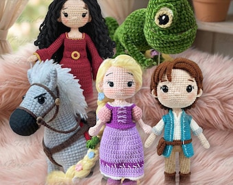 Rapunzel Set von 5 inspiriert Häkelpuppe, Fairytales Rapunzel Plushies, Lost Princess Colectible Doll Charaktere, Flyn Pascal Mutter Gothel