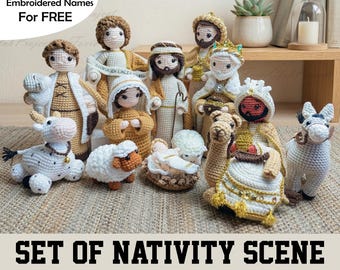 Set von 13 Krippenfiguren, katholische Amigurumi, Heilige Familie gehäkelt, christliche handgefertigte Puppen, Mary Baby Jesus Joseph Angel