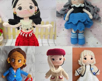 May include: A collection of six handmade crochet dolls. Each doll has unique features, including different hairstyles, clothing, and accessories. The dolls are in various outfits, including a red skirt, a blue dress, and a business suit. The dolls are all made with yarn.