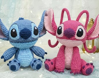 Stitch & Angel inspirierte Häkelpuppen, Paar Amigurumi, Zeichentrickfiguren sammelbare Puppen, perfektes handgemachtes Geschenk für Geburtstag Jahrestag