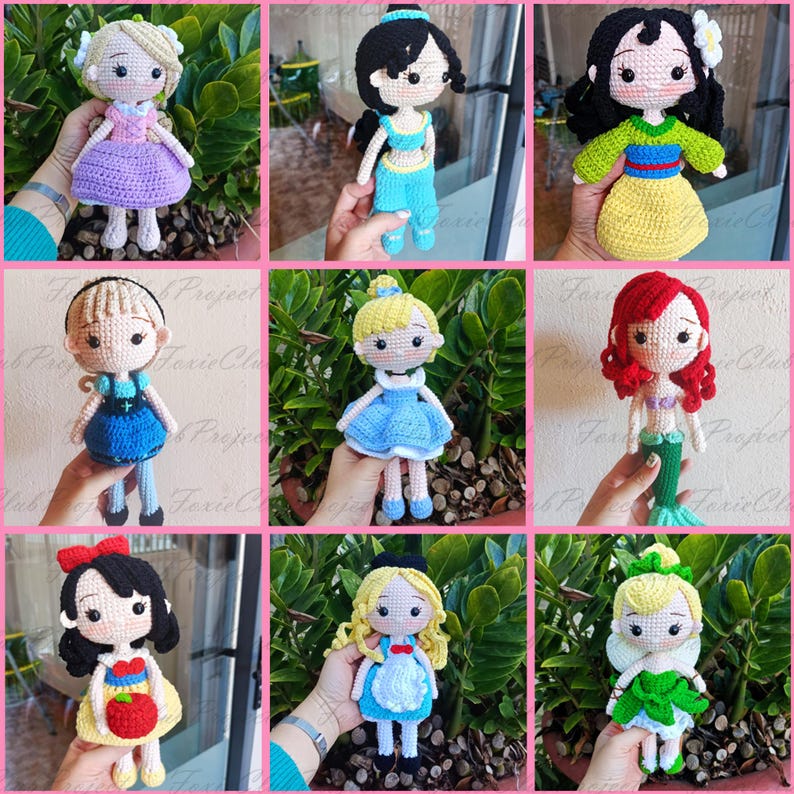 May include: A collection of nine handmade crochet dolls, each depicting a different princess character. The dolls feature detailed outfits in various colors, including blue, yellow, and red. The dolls are displayed against a green leafy background.